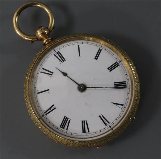 An engraved 18ct gold pocket watch with Roman dial.